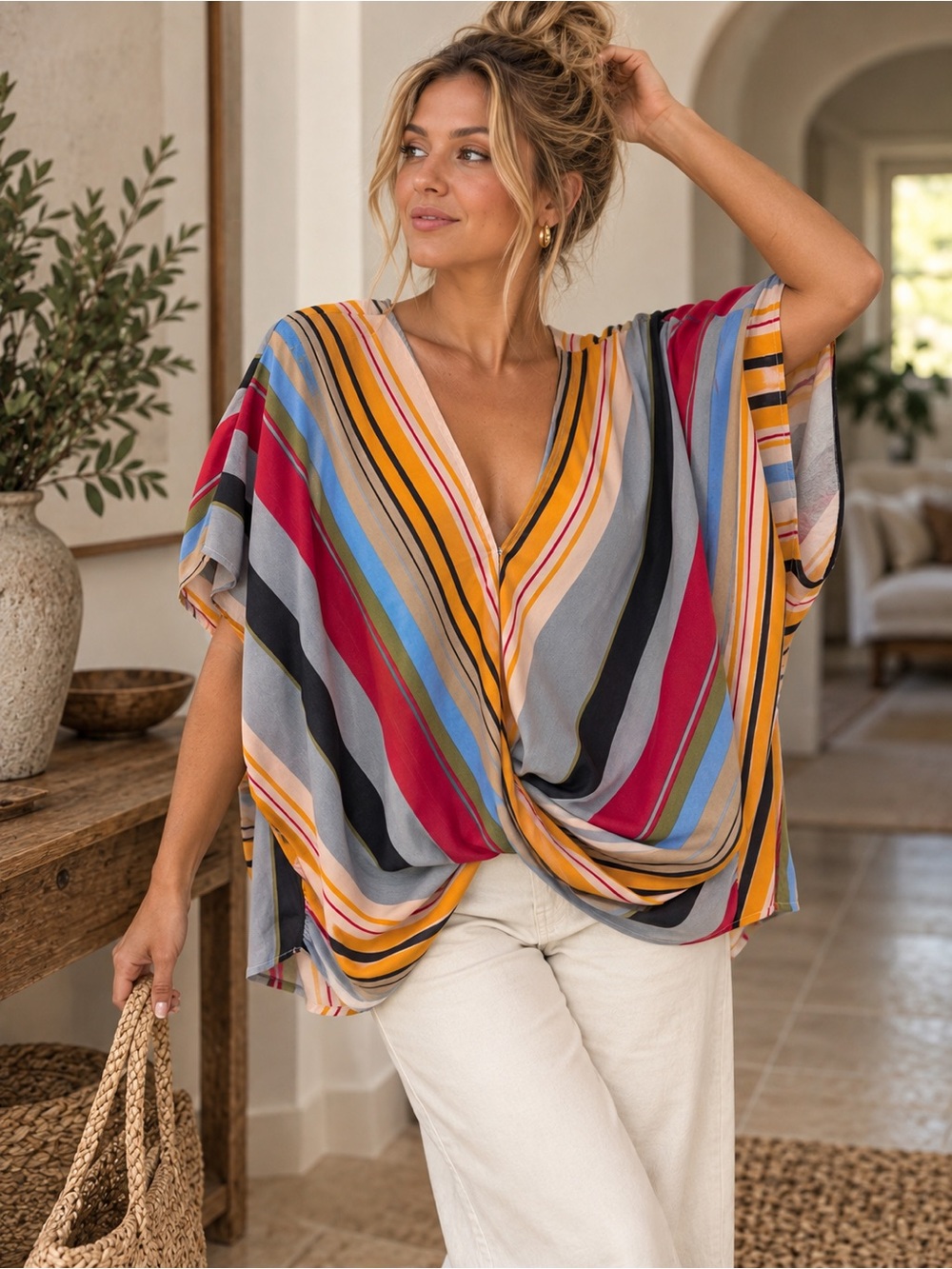 Umgee Multicolor Striped Twist Front V Neck Kimono Sleeve Blouse Small